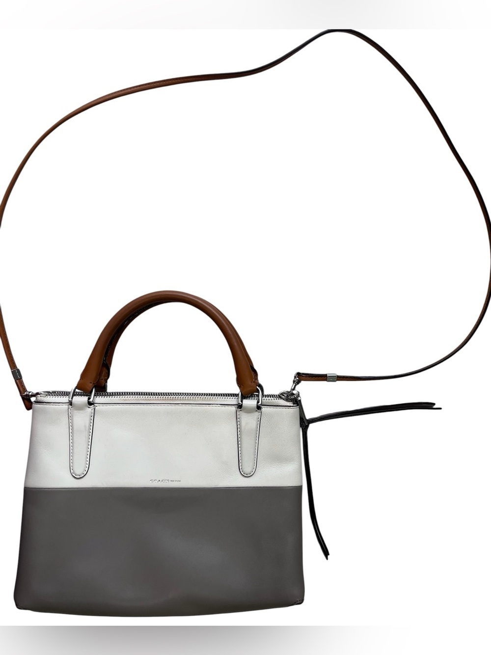 Coach Small Colorblock Leather Crossbody Satchel Gray White Tan Triple Zip Bag